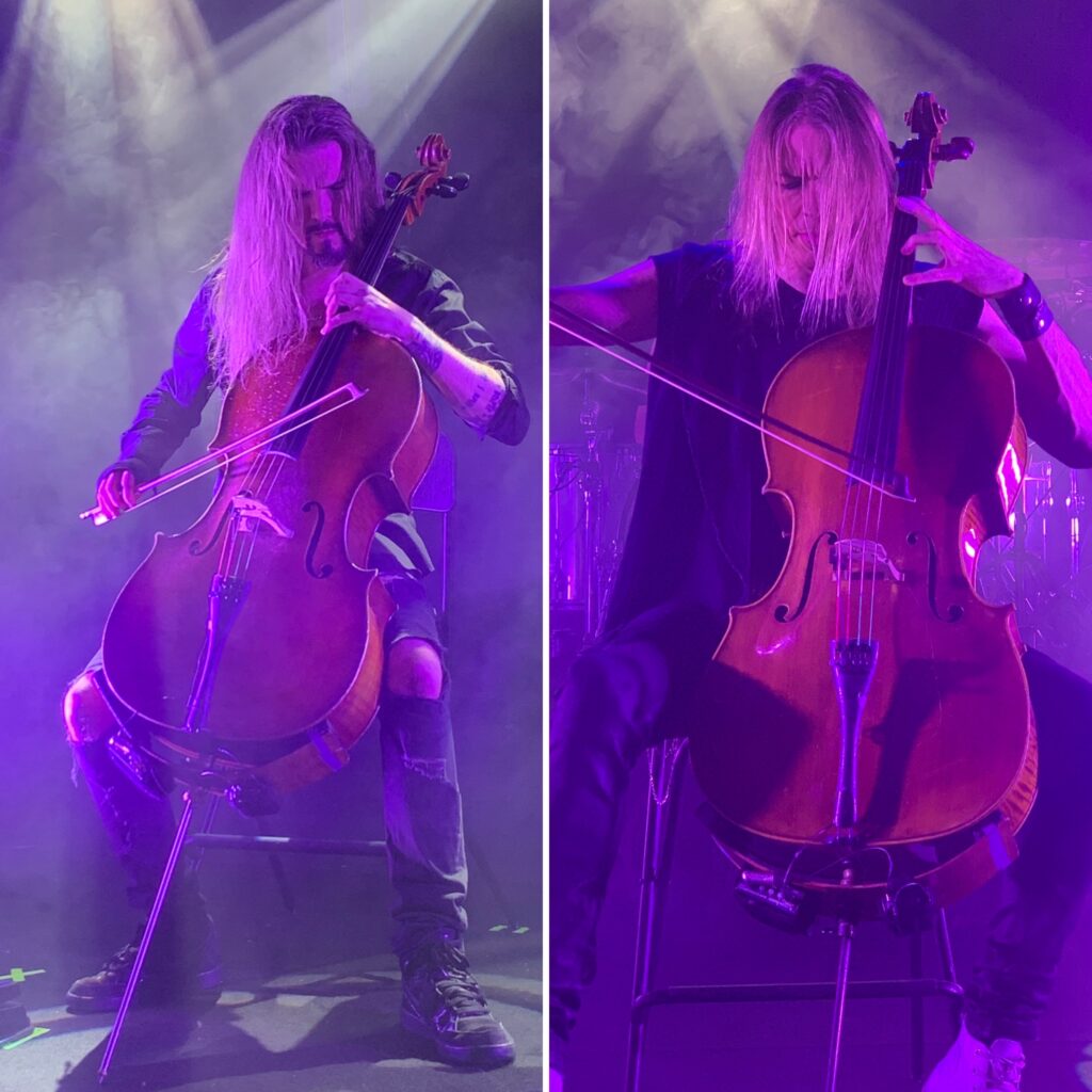 two cellos of Apocalyptica in red and purple floods and white spot lights