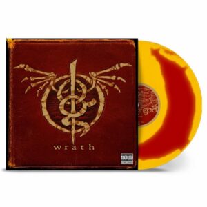 Album cover for Wrath, a burgundy square with a gold snake symbol in the middle