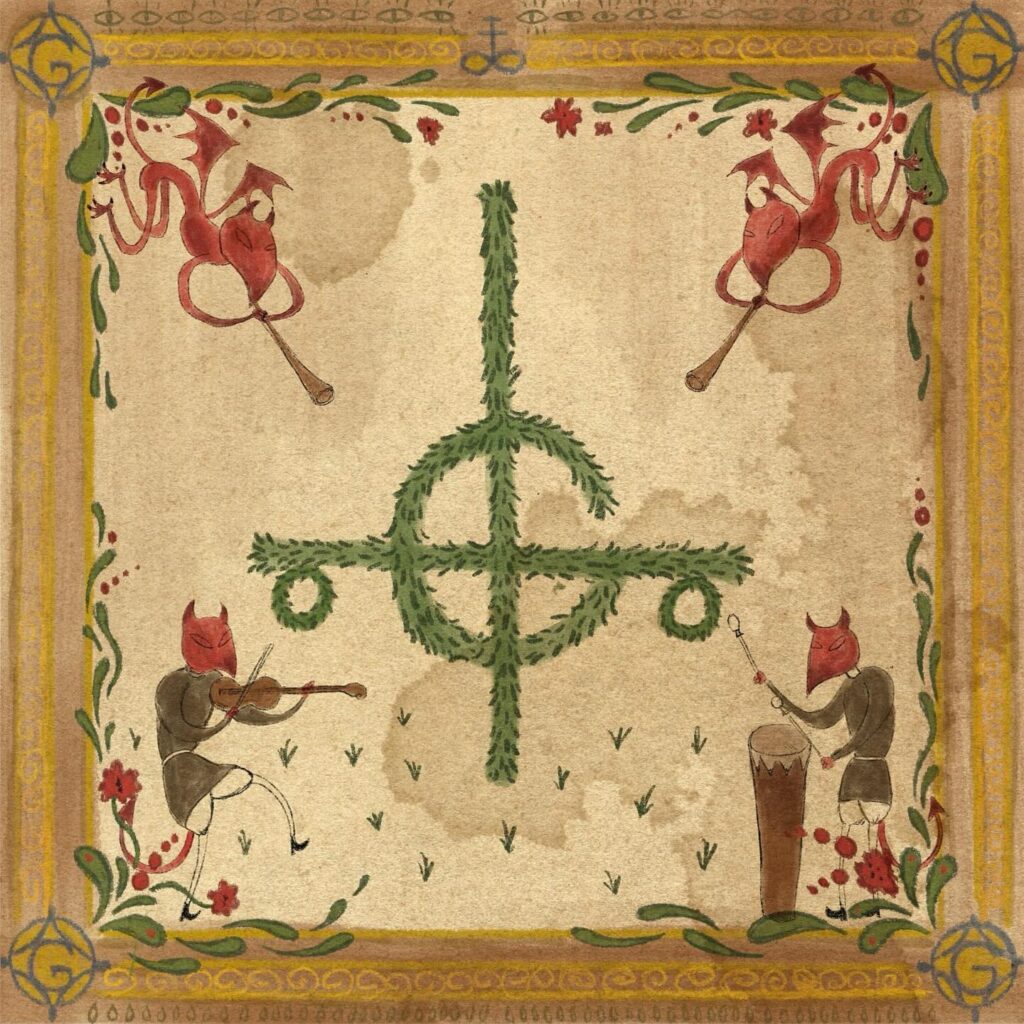 a medieval style drawing of demons dancing and playing instruments around a grucifix made of fern.